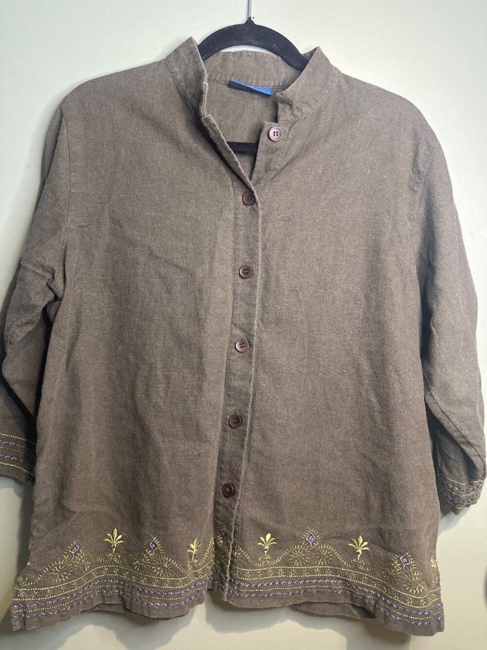 Karen Scott Sport Womens Medium Embroidered Linen Blend Top Boho Cottagecore